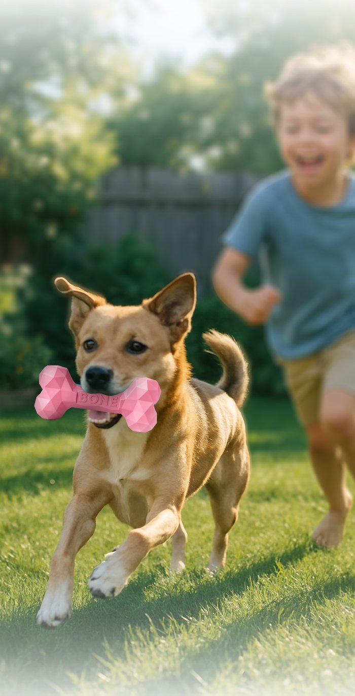 Dog running through the backyard with a Pup Quartet rubber bone